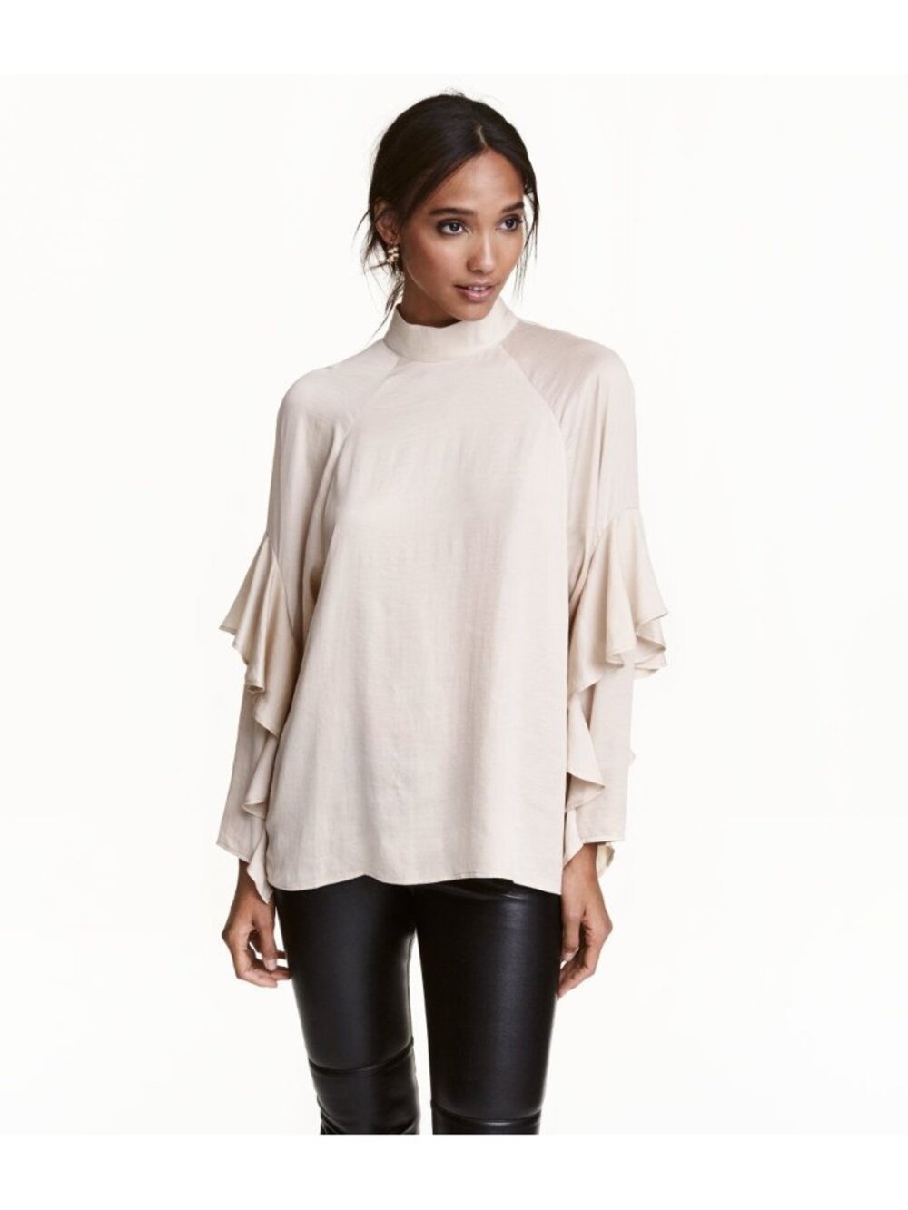 EUC H&M Conscious champagne mock neck ruffle detail raglan sleeves satin blouse